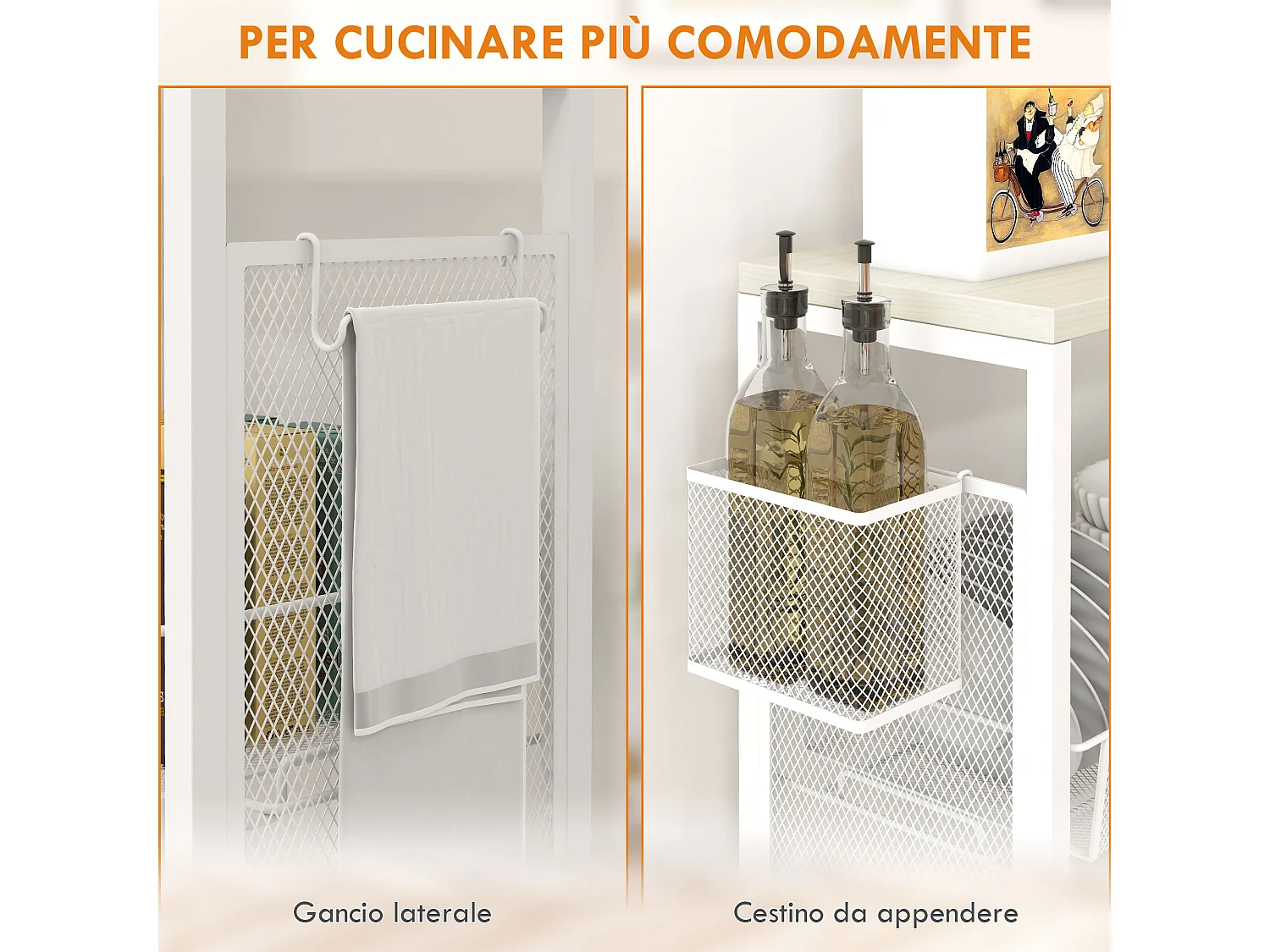 Carrello da cucina a 3 livelli con gancio e cestino laterale