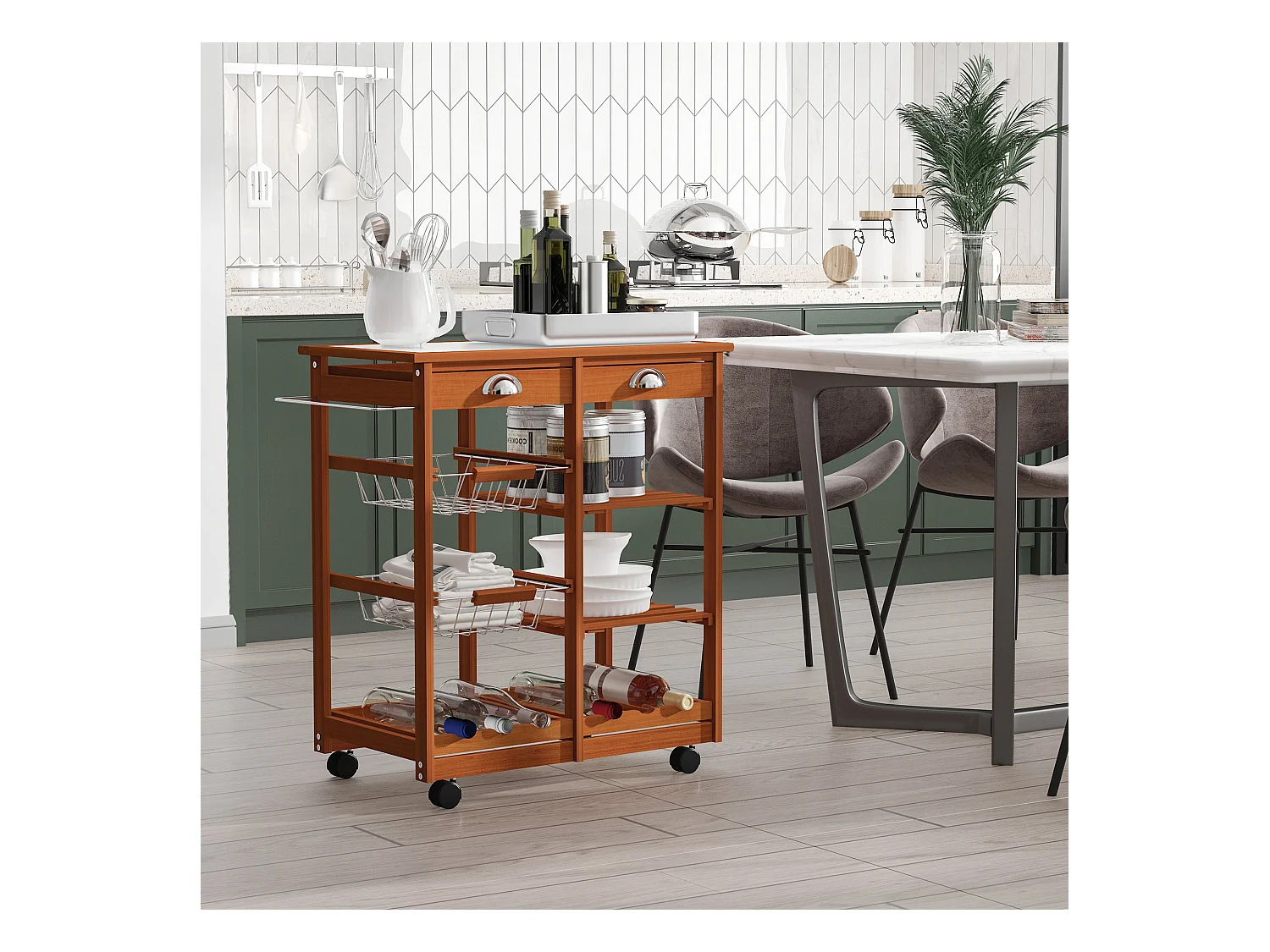 Carrello da cucina multiuso in legno di pino marrone chiaro