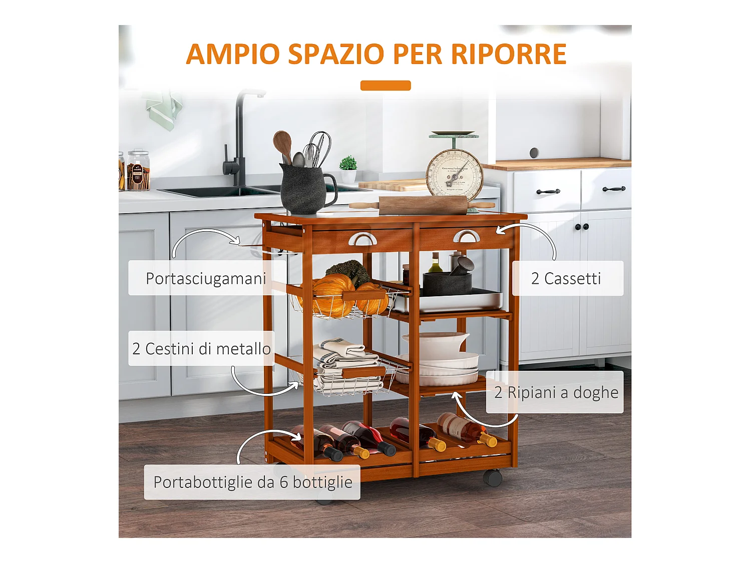Carrello da cucina multiuso in legno di pino marrone chiaro