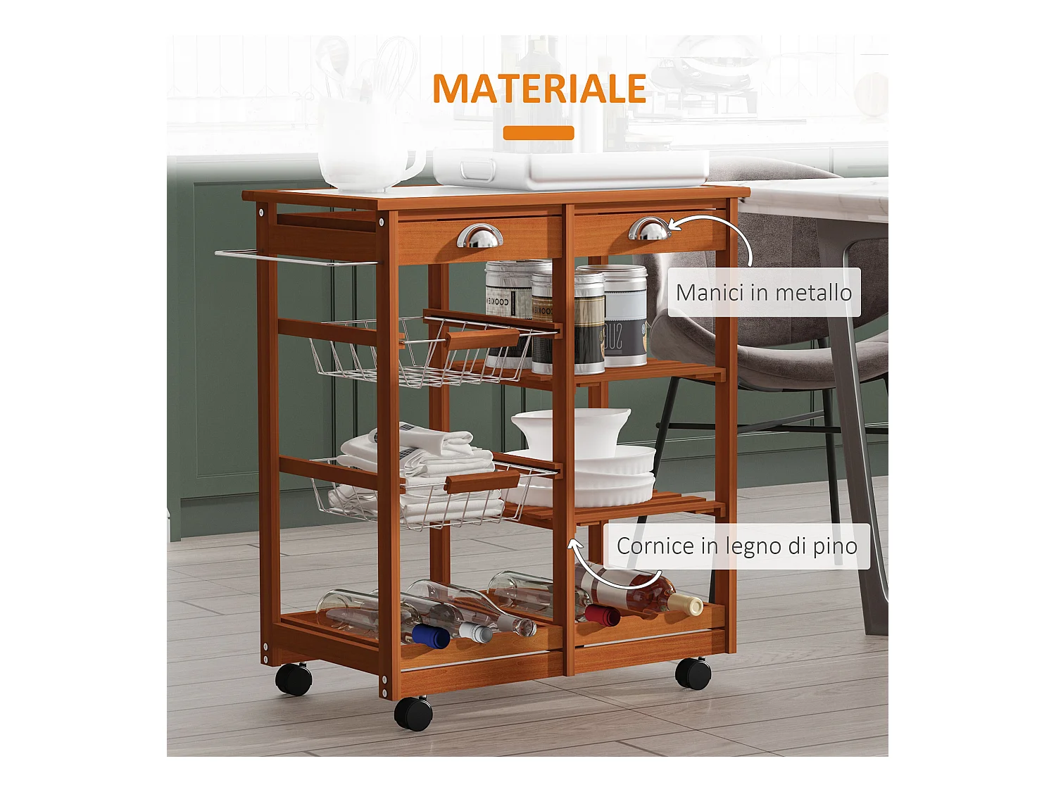 Carrello da cucina multiuso in legno di pino marrone chiaro