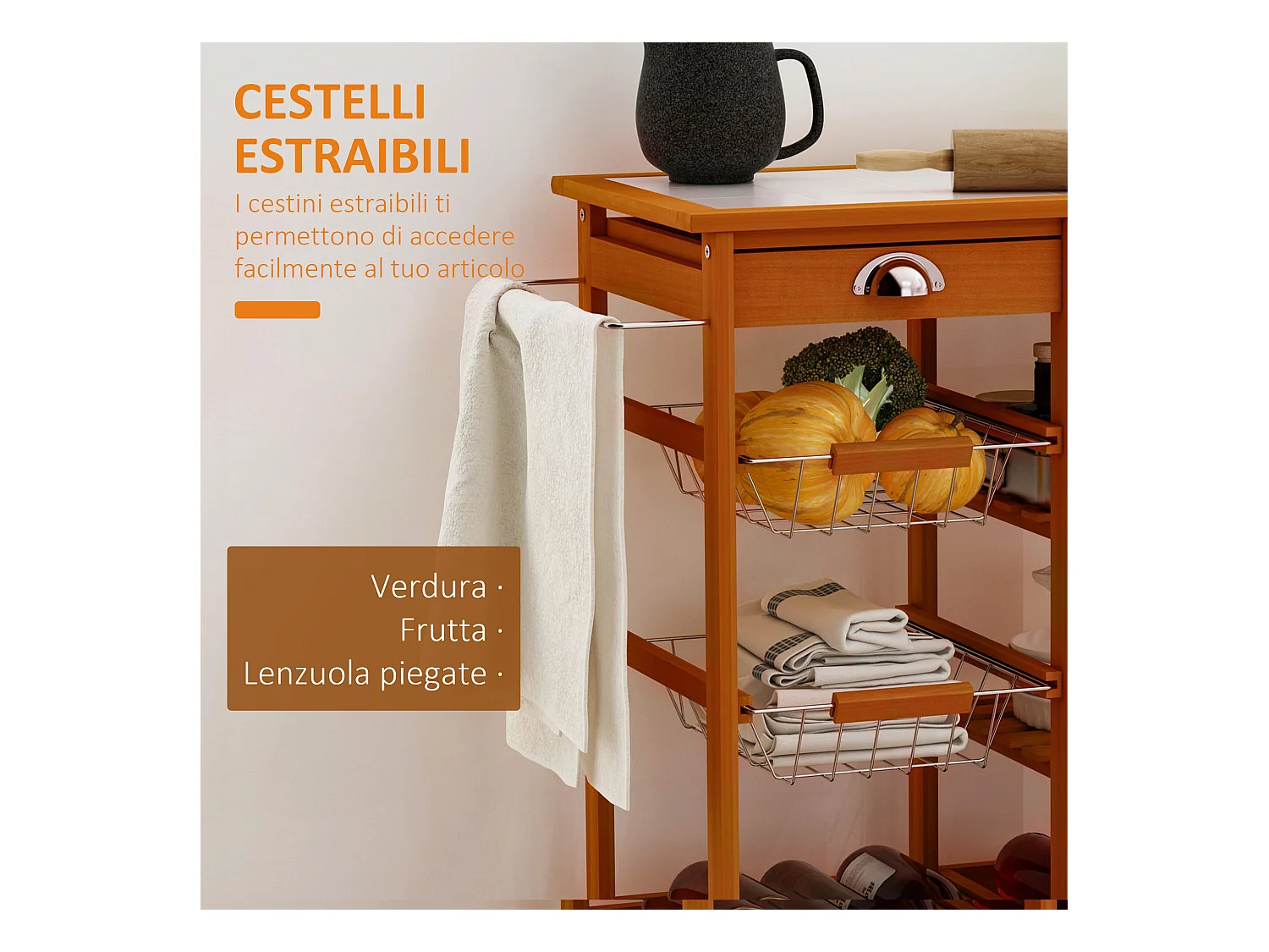 Carrello da cucina multiuso in legno di pino marrone chiaro