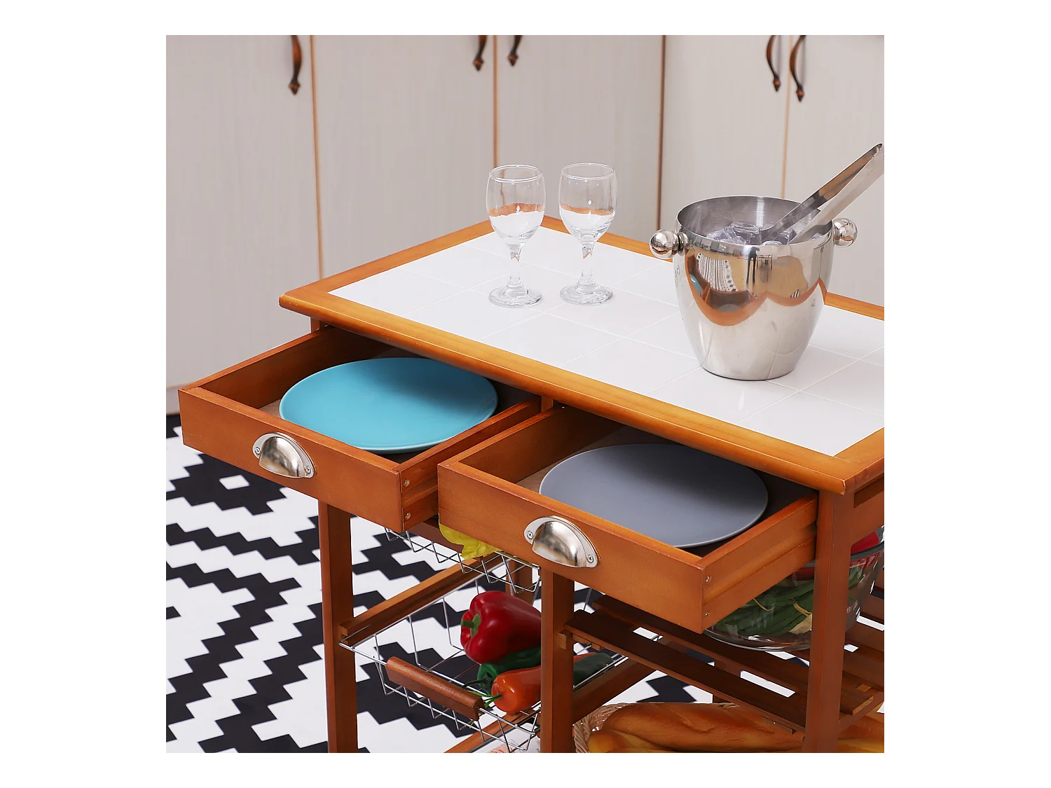 Carrello da cucina multiuso in legno di pino marrone chiaro