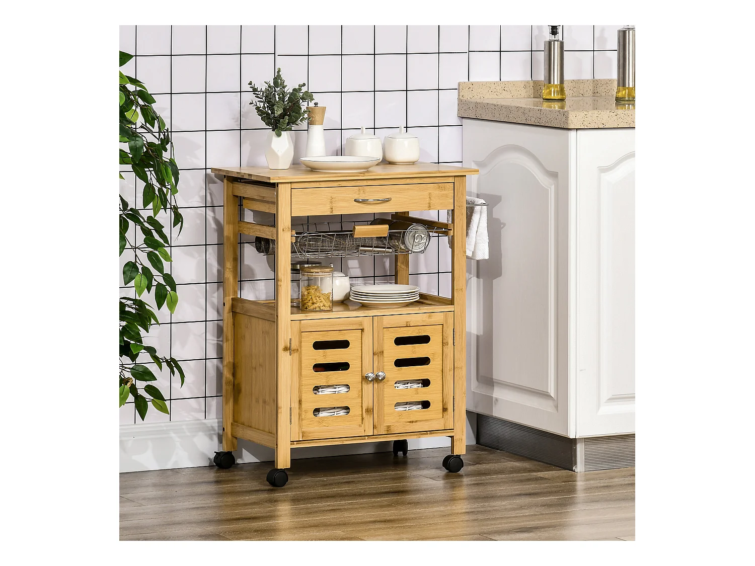 Carrellino per cucina in legno con armadietto e cassetto