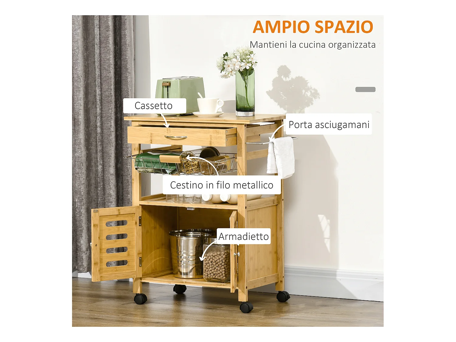 Carrellino per cucina in legno con armadietto e cassetto