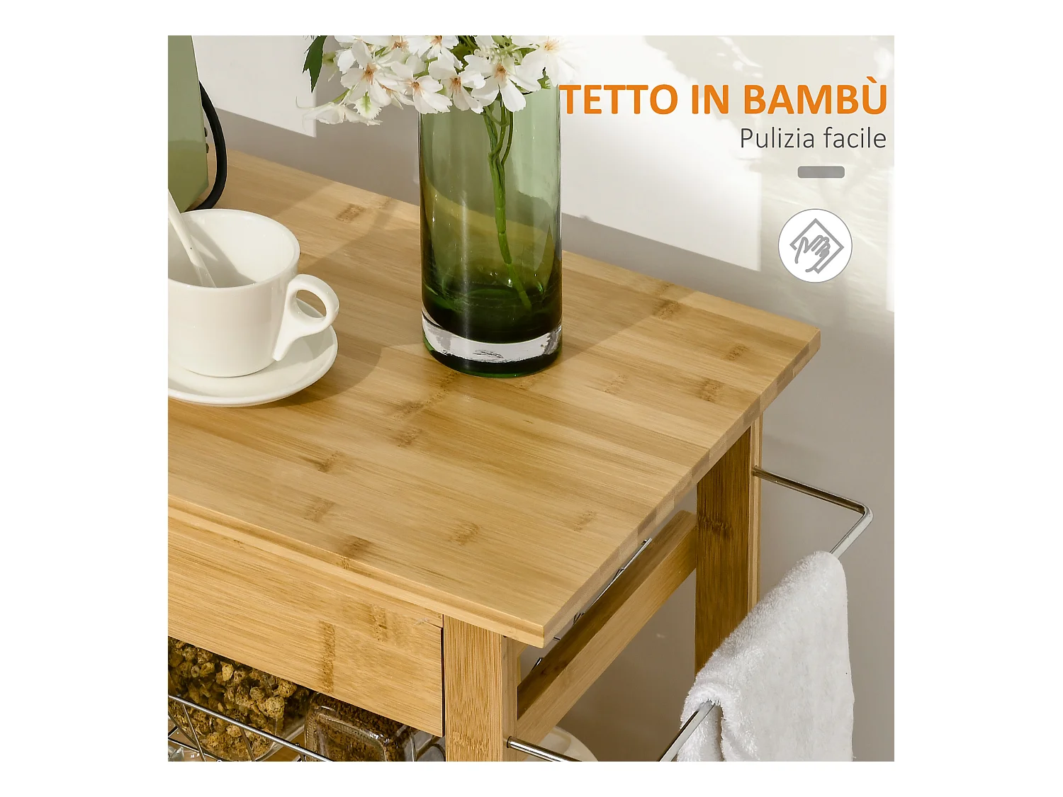 Carrellino per cucina in legno con armadietto e cassetto