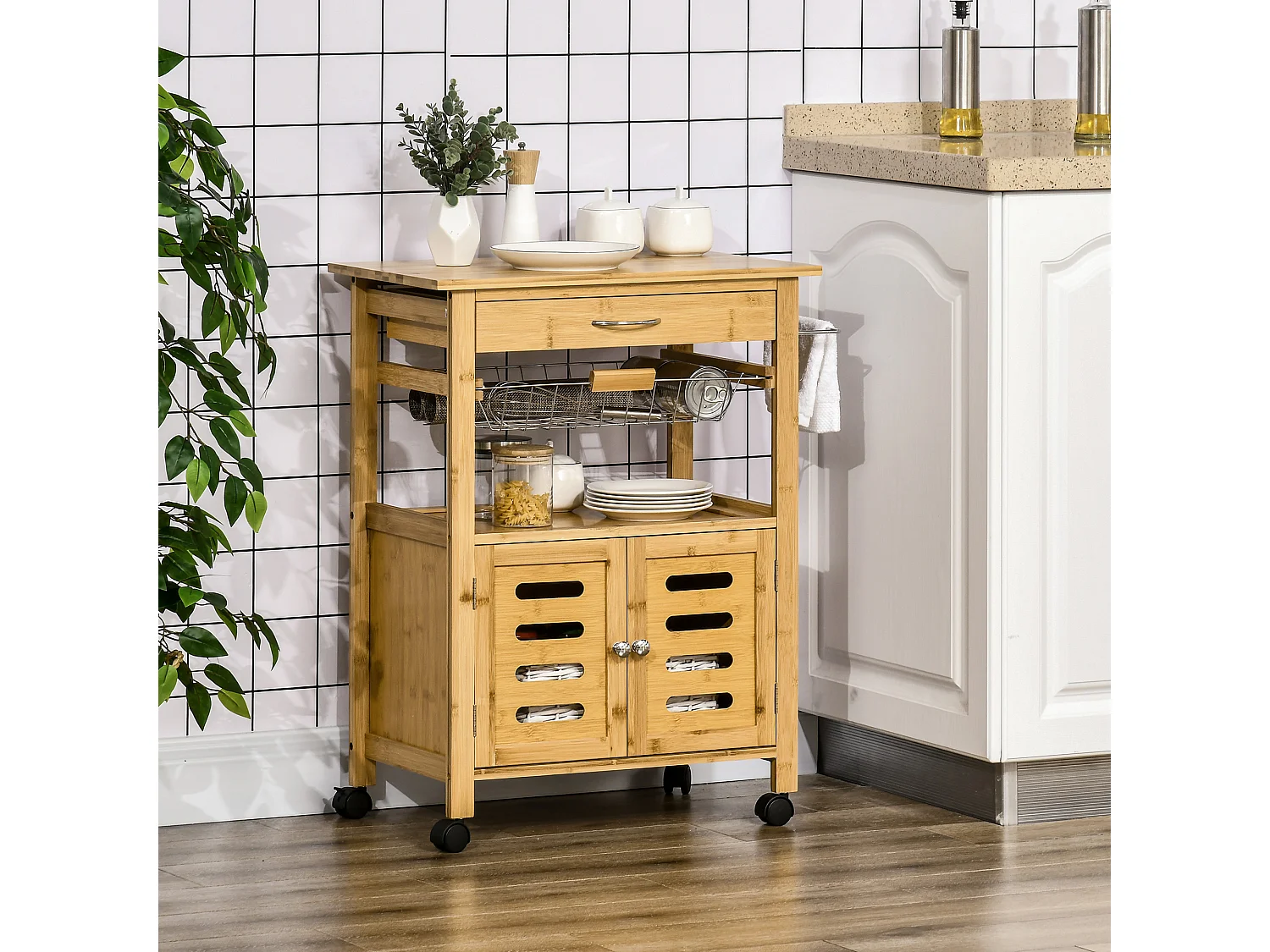 Carrellino per cucina in legno con armadietto e cassetto