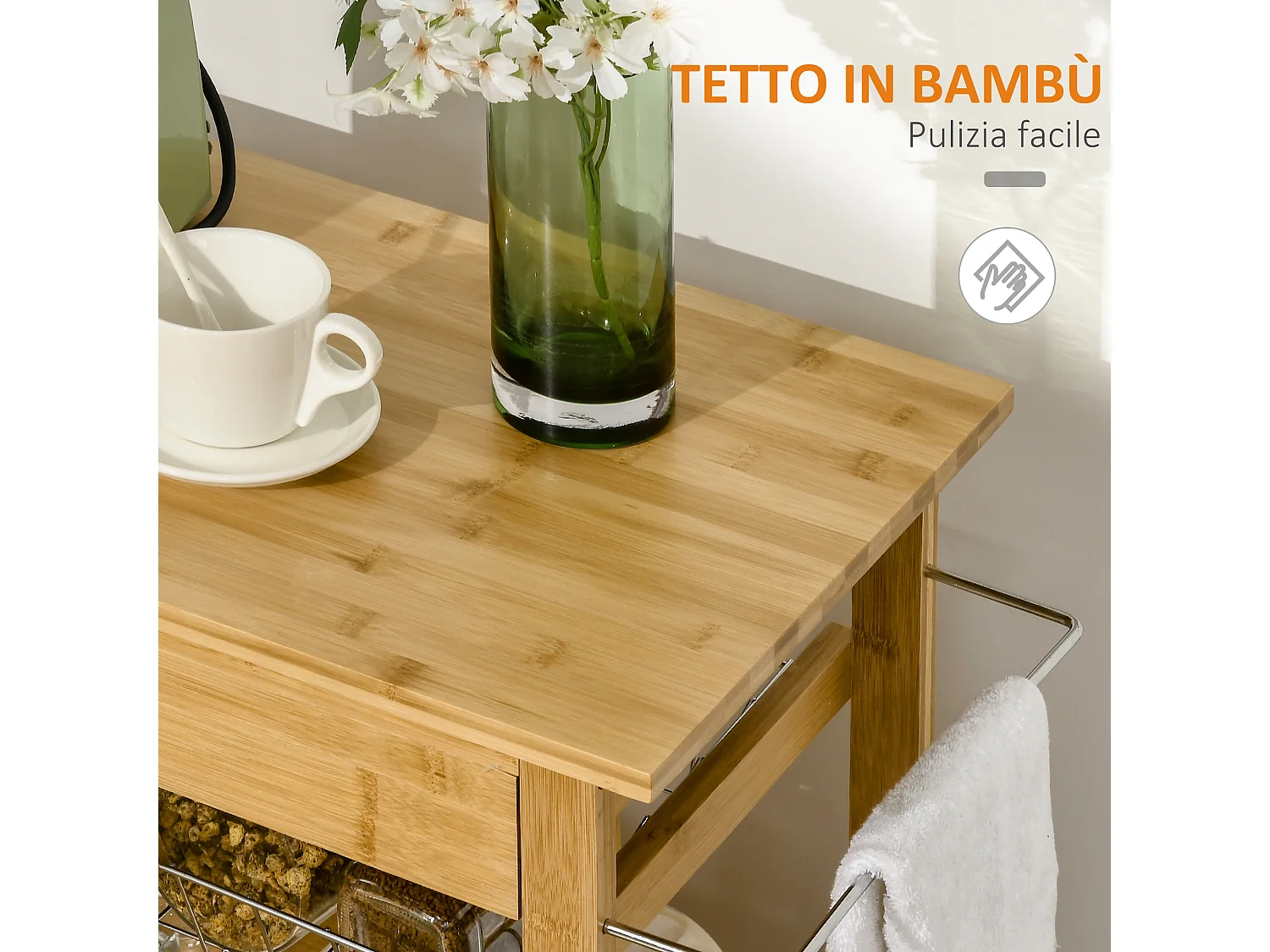 Carrellino per cucina in legno con armadietto e cassetto