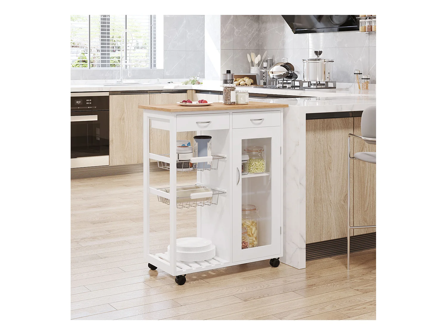 Carrello da cucina rotelle cassetti e 2 cesti in legno di pino bianco