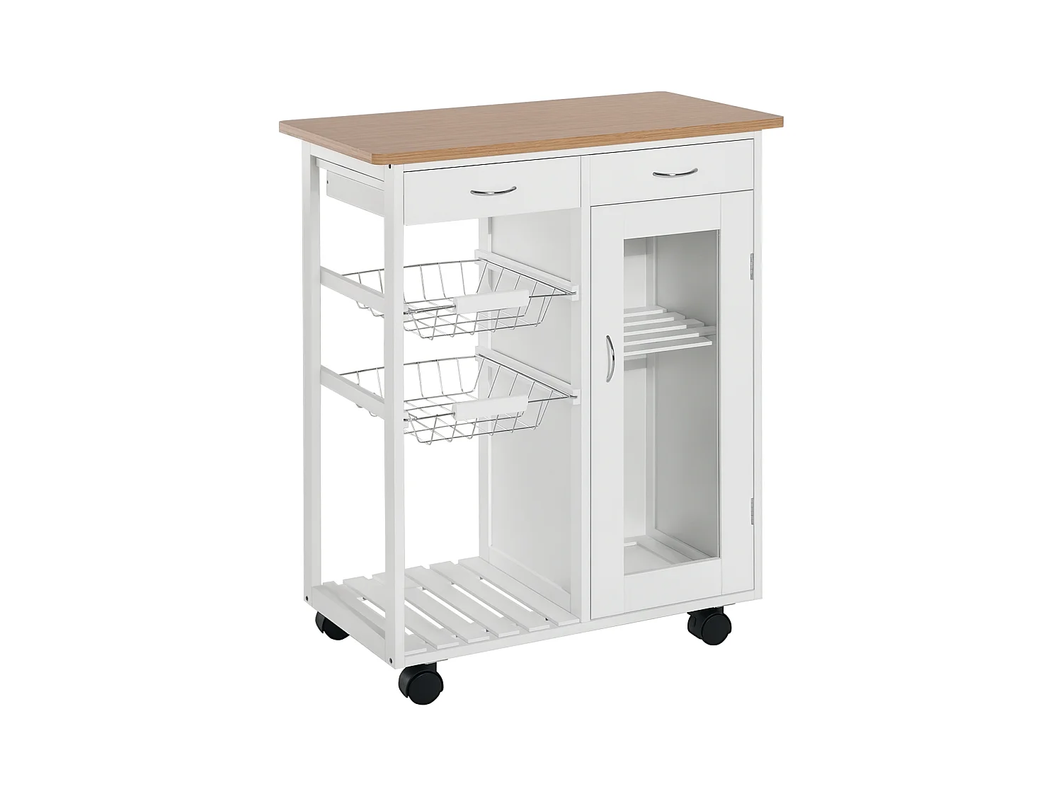 Carrello da cucina rotelle cassetti e 2 cesti in legno di pino bianco