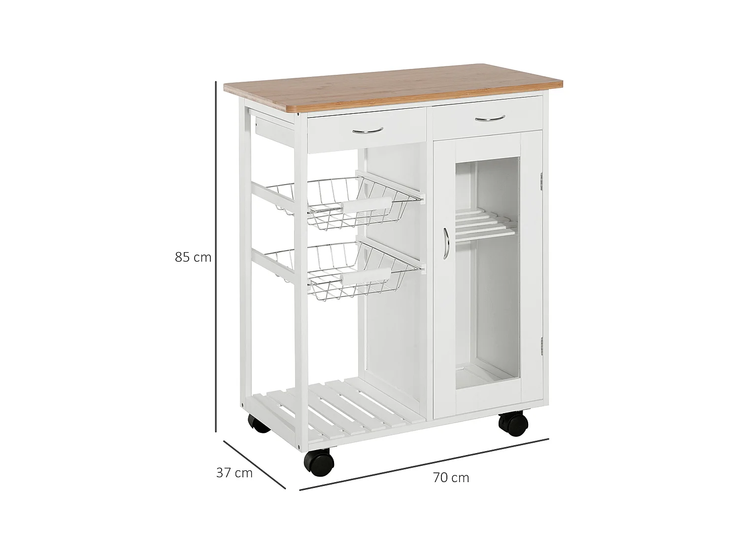 Carrello da cucina rotelle cassetti e 2 cesti in legno di pino bianco