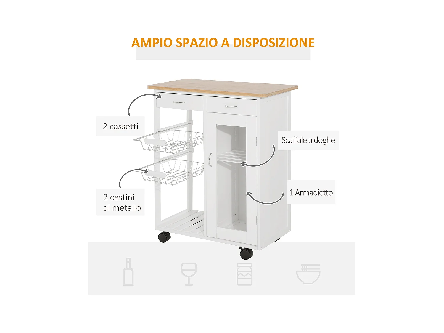 Carrello da cucina rotelle cassetti e 2 cesti in legno di pino bianco