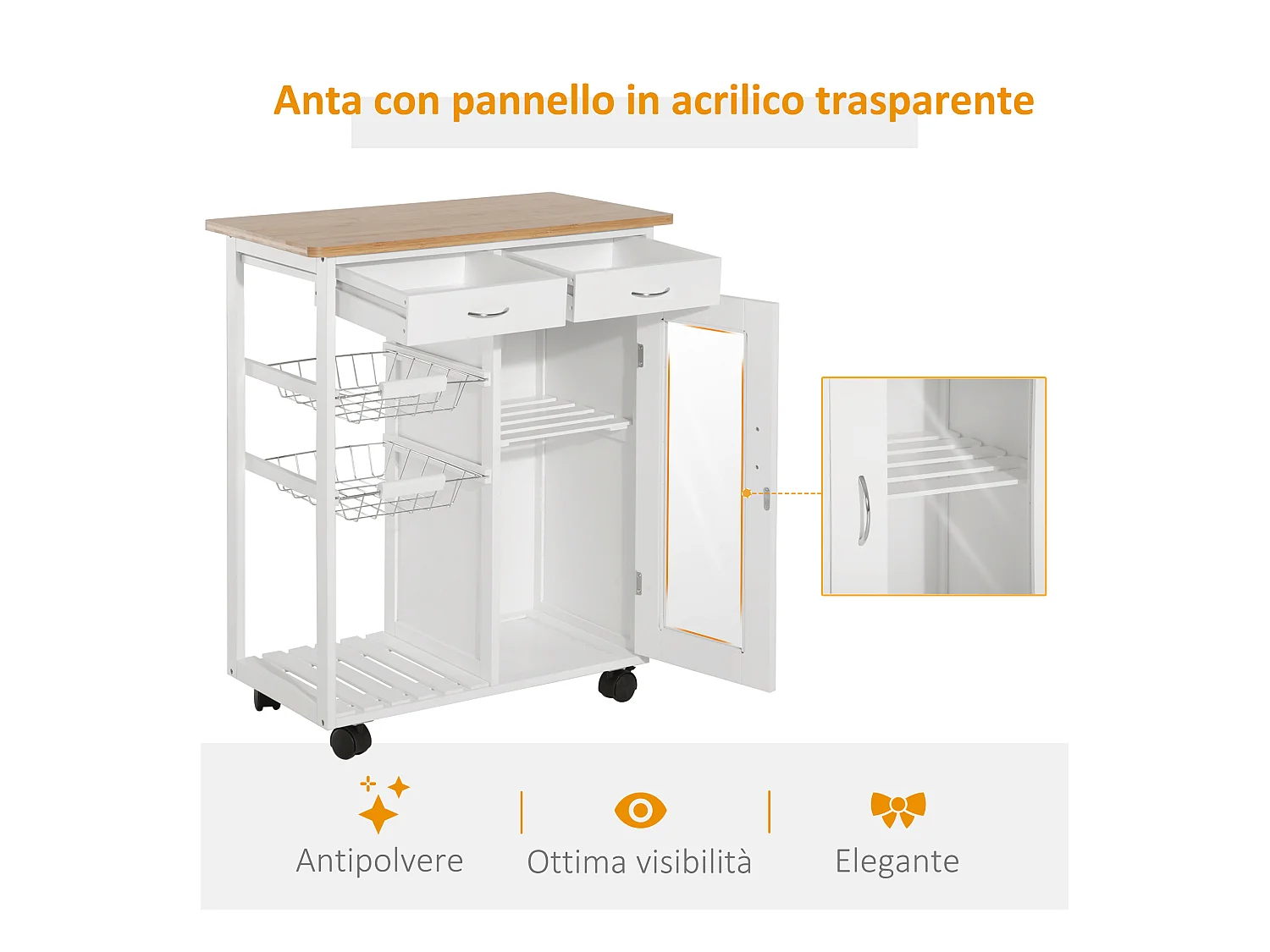 Carrello da cucina rotelle cassetti e 2 cesti in legno di pino bianco