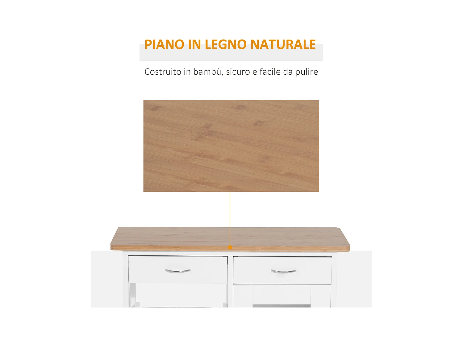 Carrello da cucina rotelle cassetti e 2 cesti in legno di pino bianco