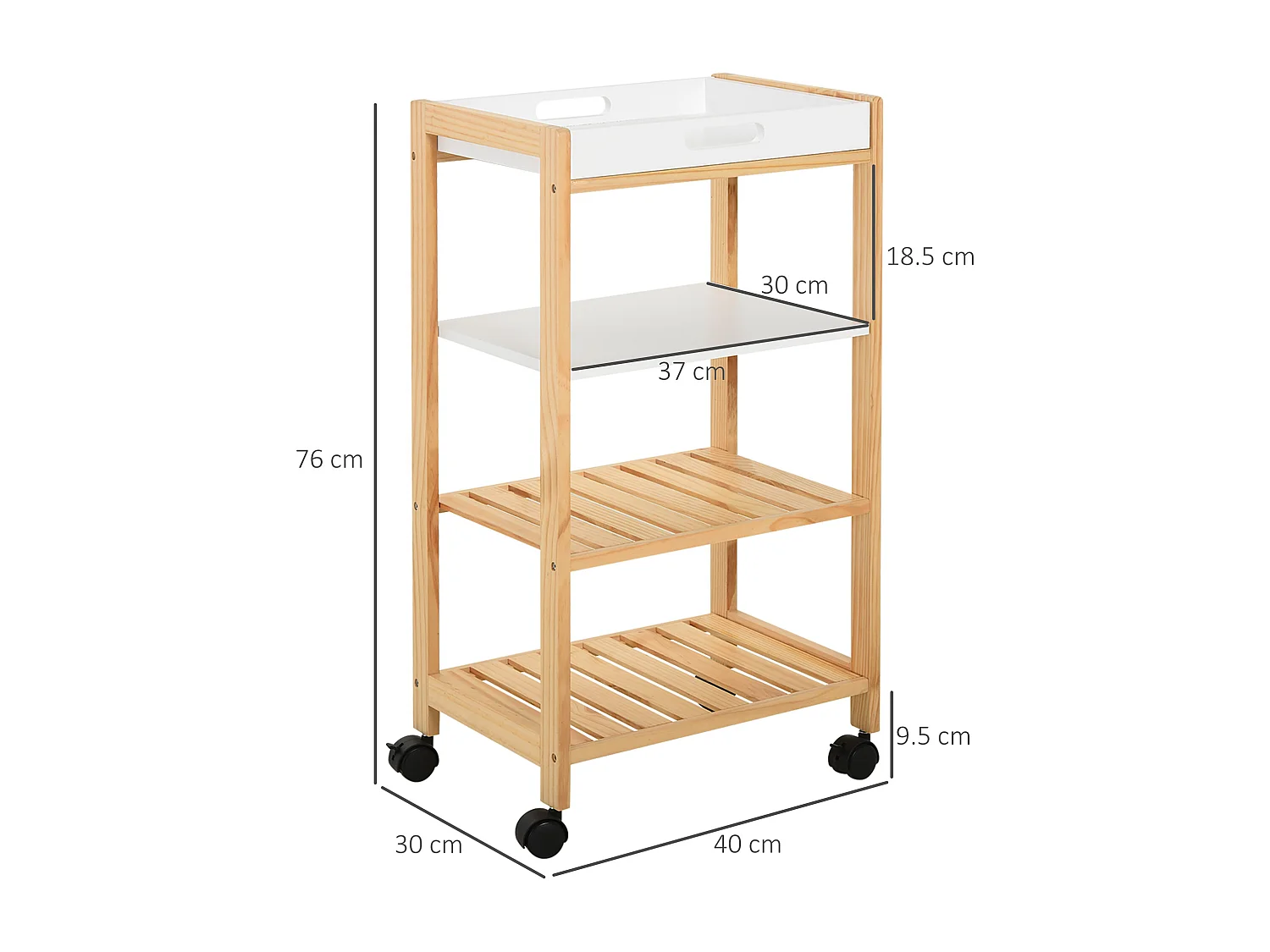 Carrello da cucina a 4 livelli in mdf e legno di pino