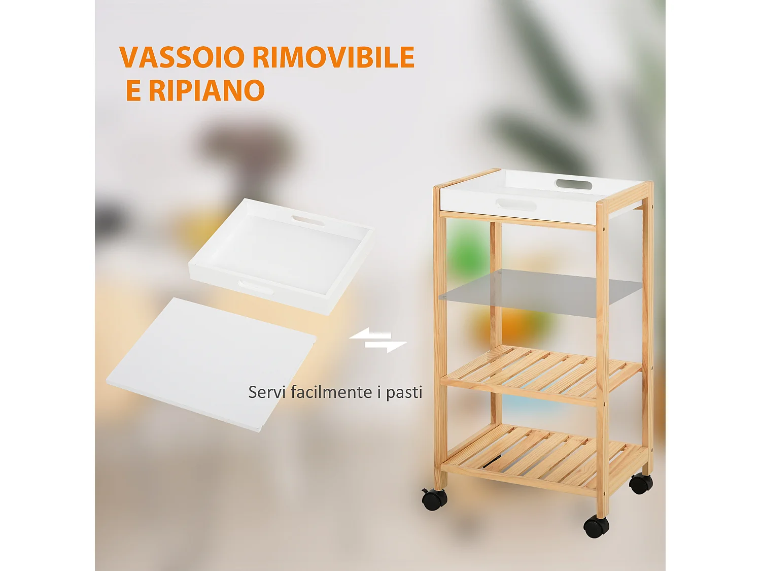 Carrello da cucina a 4 livelli in mdf e legno di pino