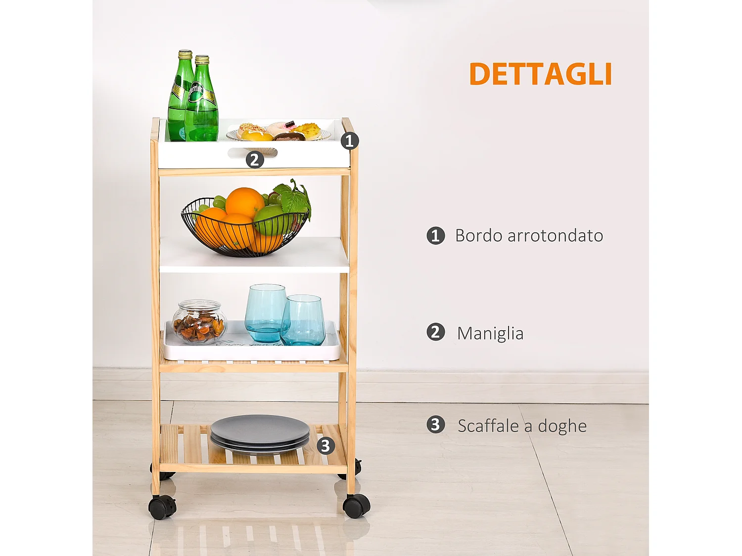 Carrello da cucina a 4 livelli in mdf e legno di pino
