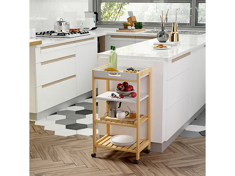 Carrello da cucina a 4 livelli in mdf e legno di pino