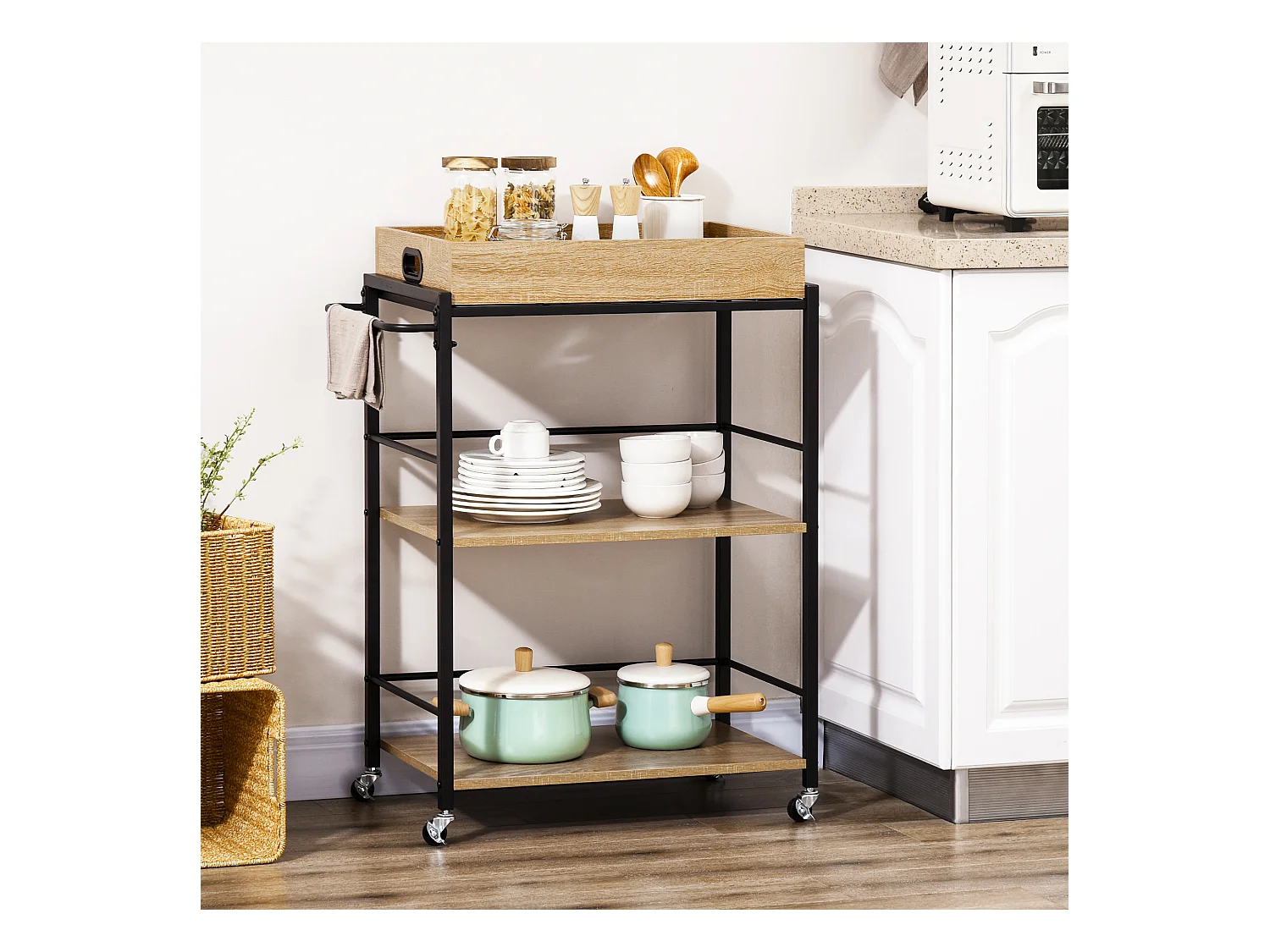 Carrello cucina 3 ripiani con vassoio rimovibile e ruote