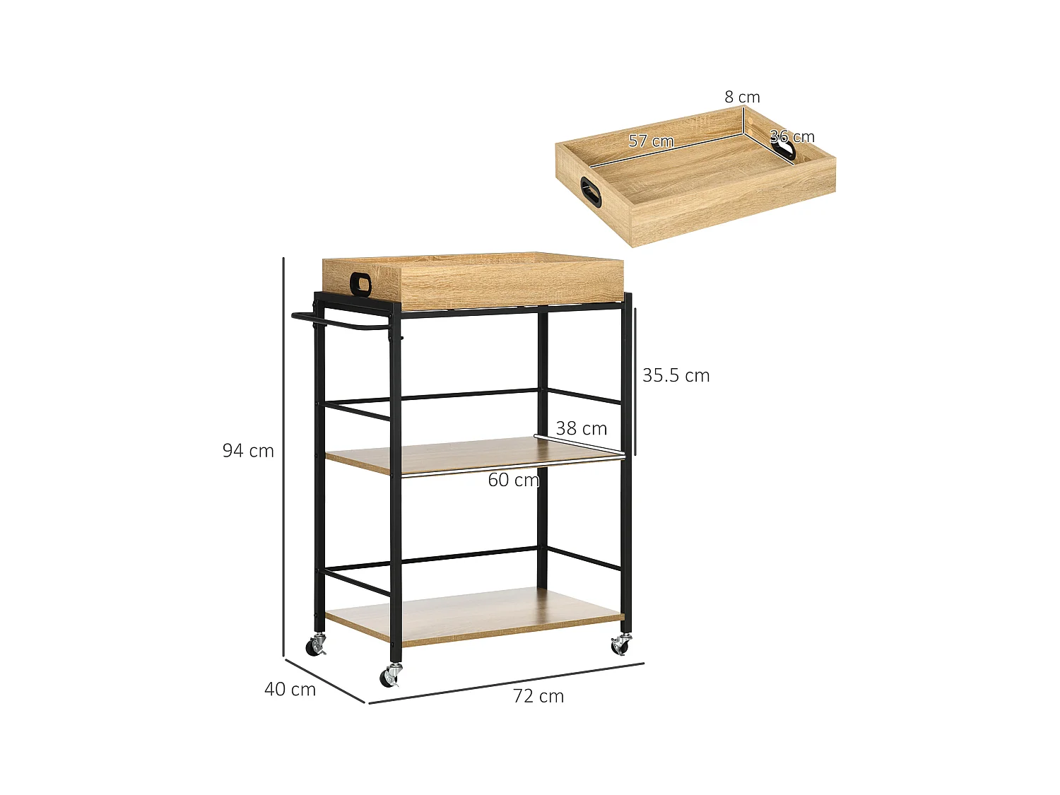 Carrello cucina 3 ripiani con vassoio rimovibile e ruote