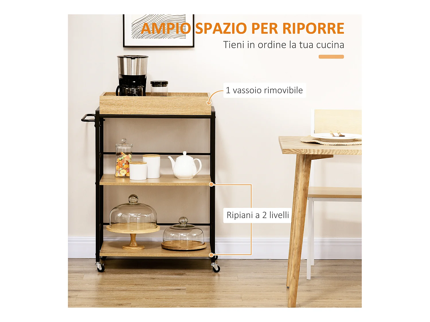Carrello cucina 3 ripiani con vassoio rimovibile e ruote