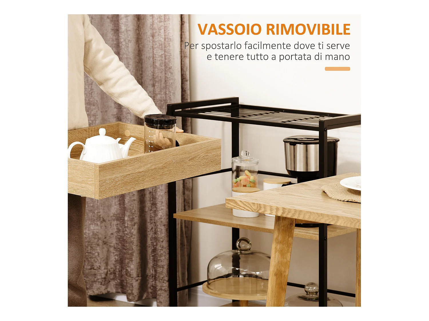 Carrello cucina 3 ripiani con vassoio rimovibile e ruote