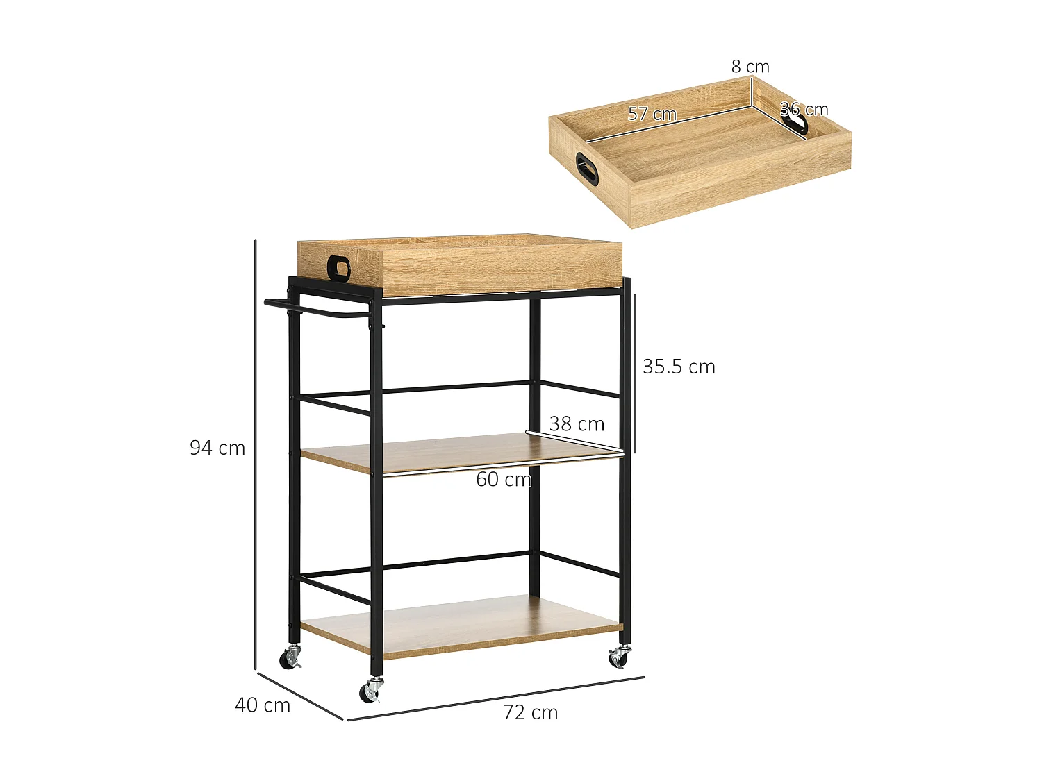 Carrello cucina 3 ripiani con vassoio rimovibile e ruote