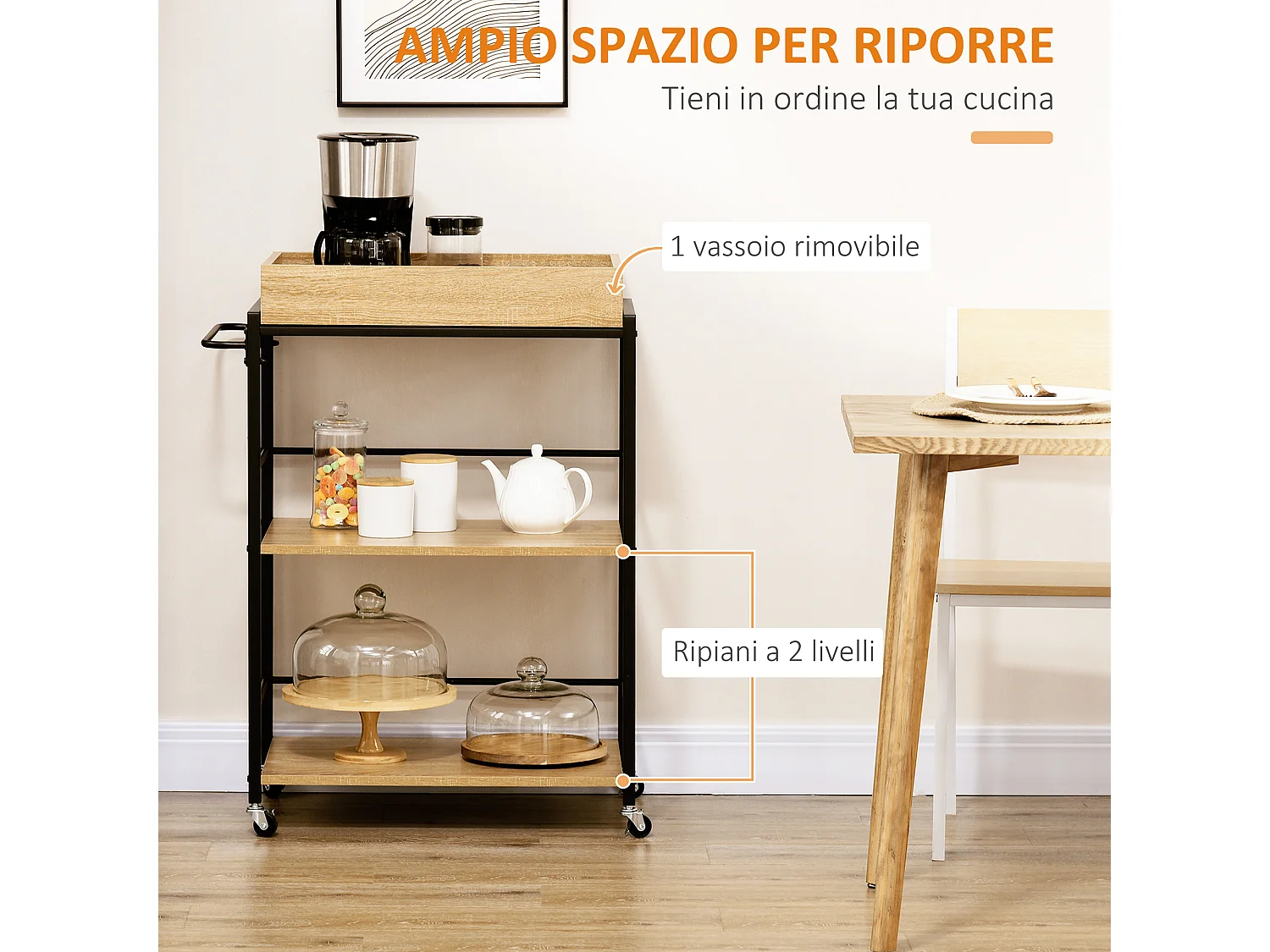 Carrello cucina 3 ripiani con vassoio rimovibile e ruote
