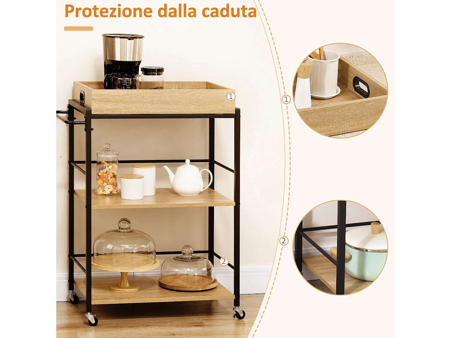 Carrello cucina 3 ripiani con vassoio rimovibile e ruote