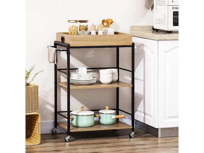 Carrello cucina 3 ripiani con vassoio rimovibile e ruote