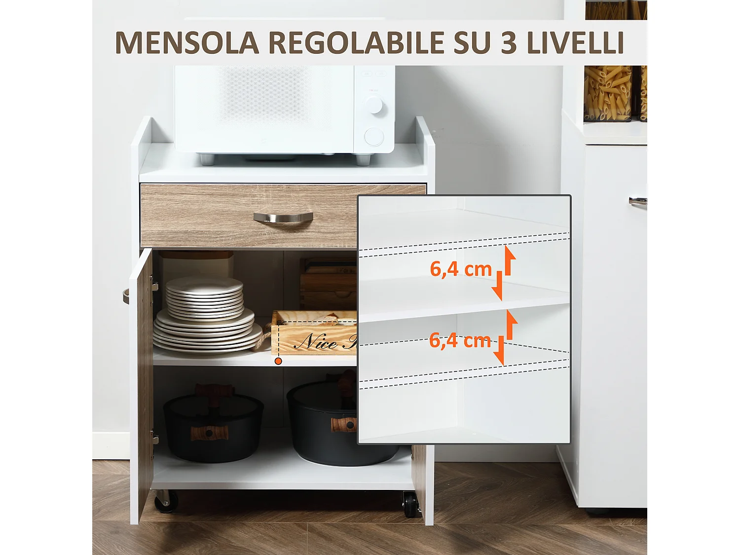 Carrello da cucina portavivande e microonde in legno 60x40x77cm