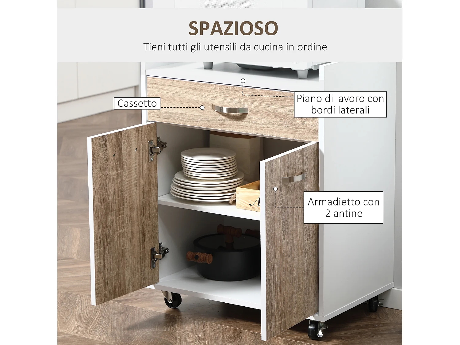Carrello da cucina portavivande e microonde in legno 60x40x77cm