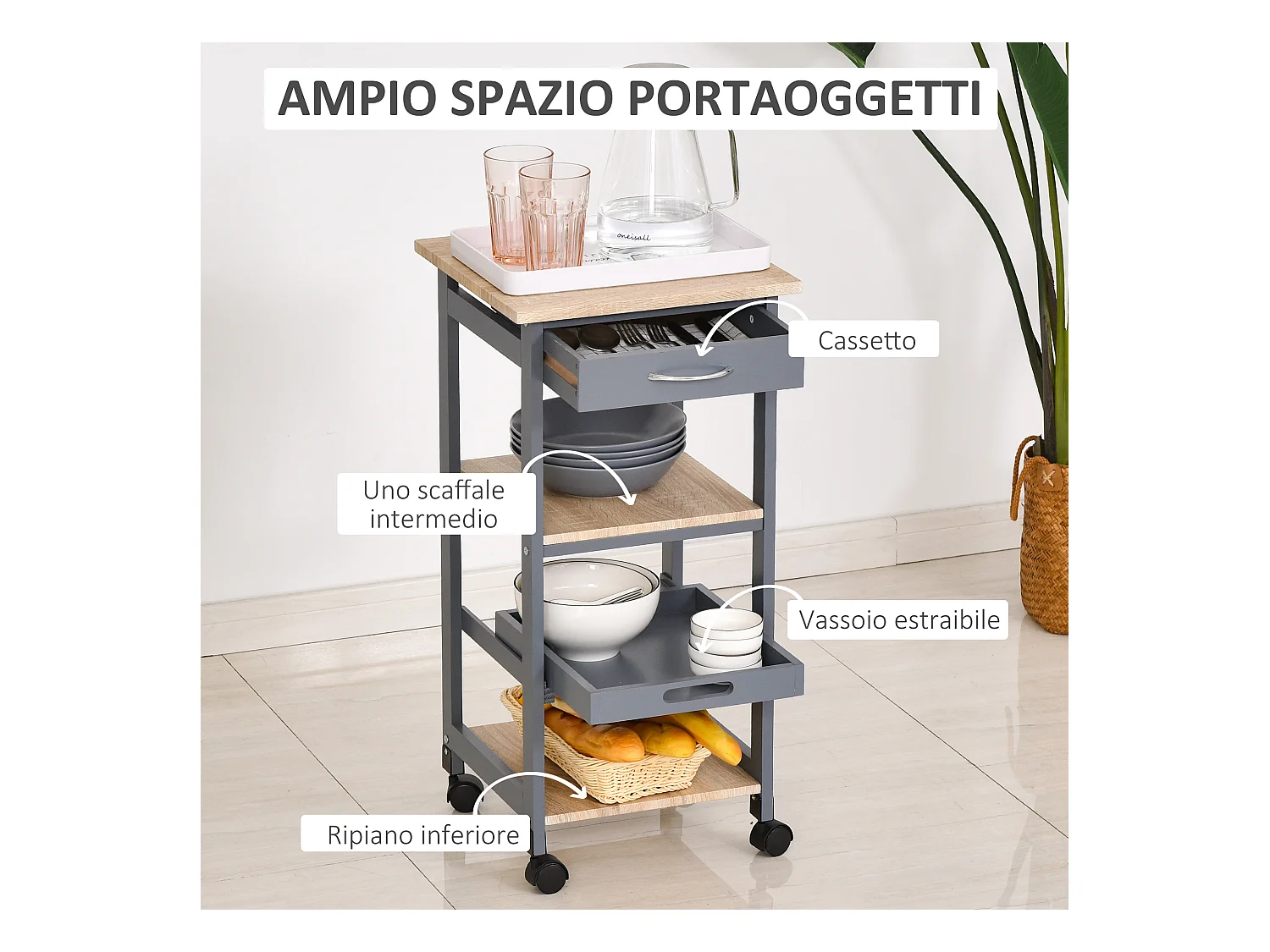 Carrello cucina portavivande con cassetto grigio