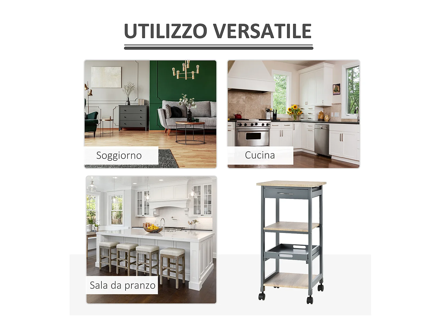 Carrello cucina portavivande con cassetto grigio
