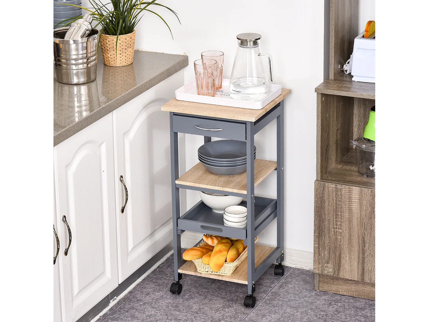 Carrello cucina portavivande con cassetto grigio