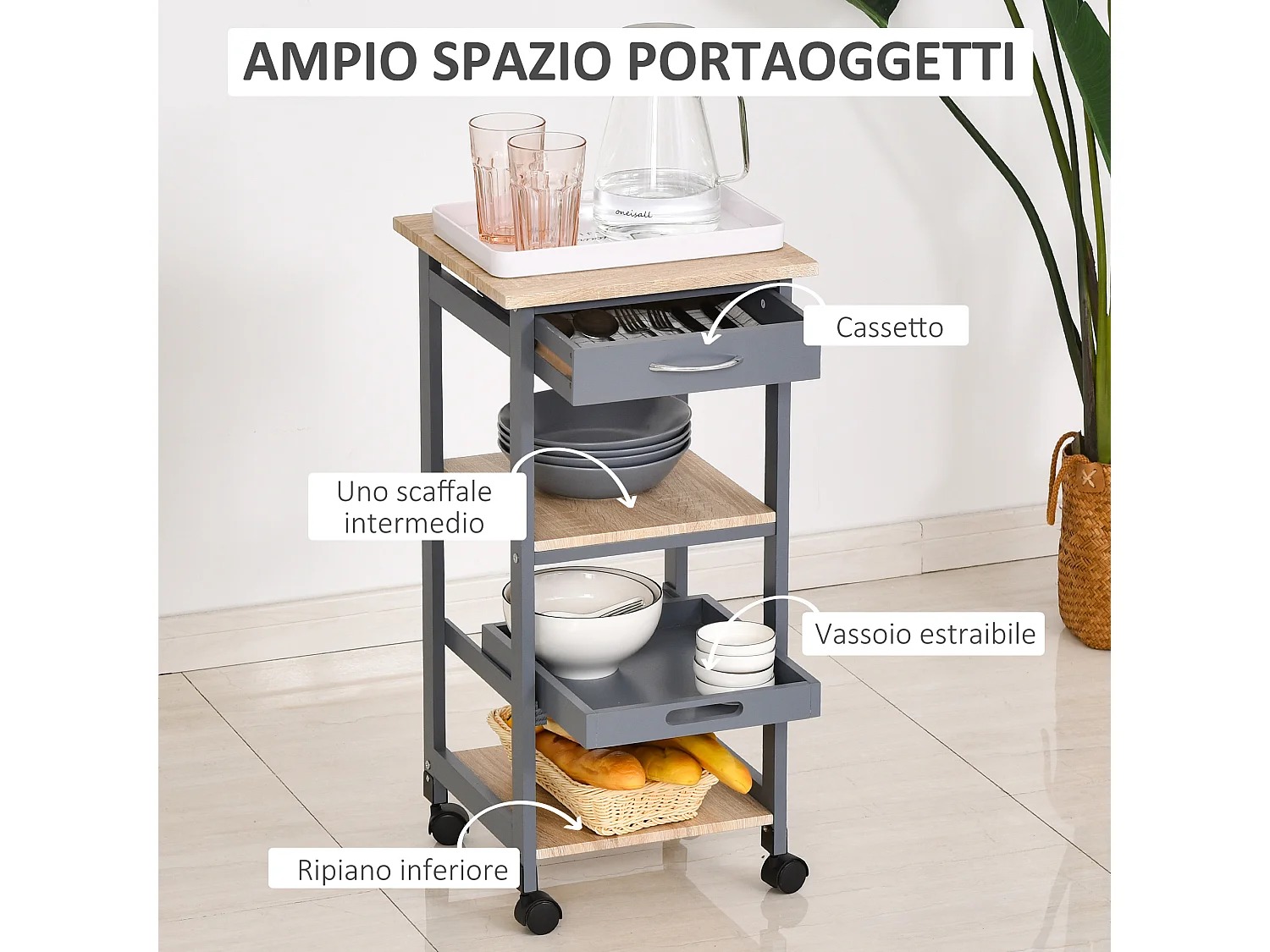 Carrello cucina portavivande con cassetto grigio