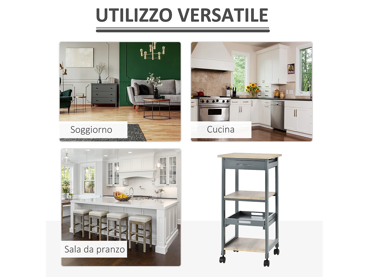 Carrello cucina portavivande con cassetto grigio