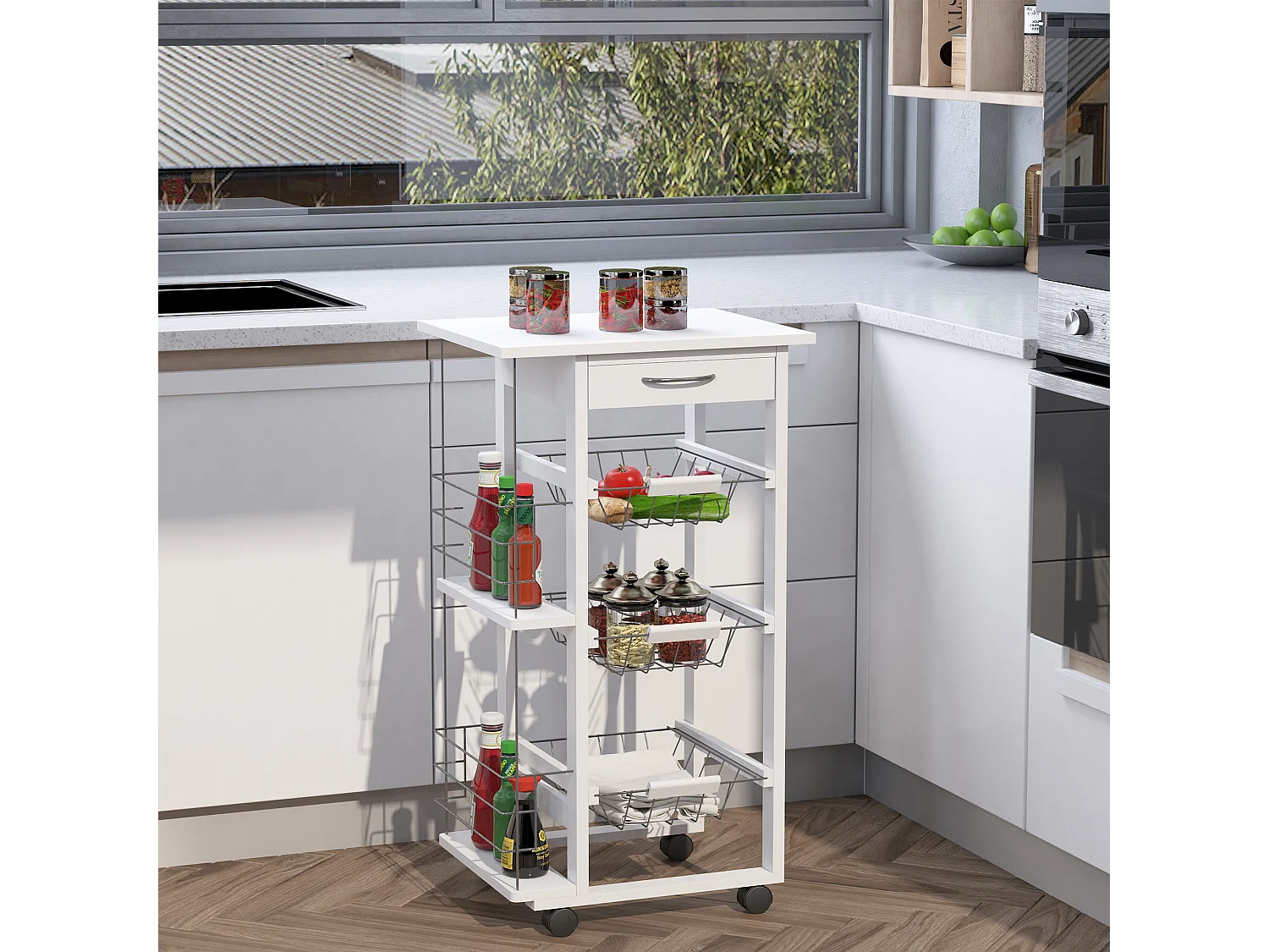 Carrello isola da cucina salvaspazio in legno di pino bianco