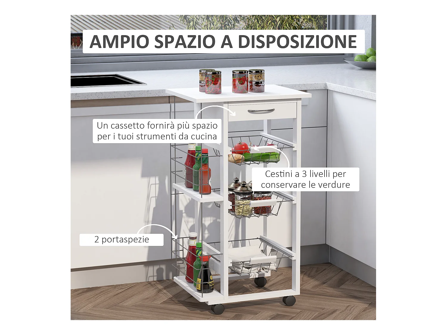 Carrello isola da cucina salvaspazio in legno di pino bianco