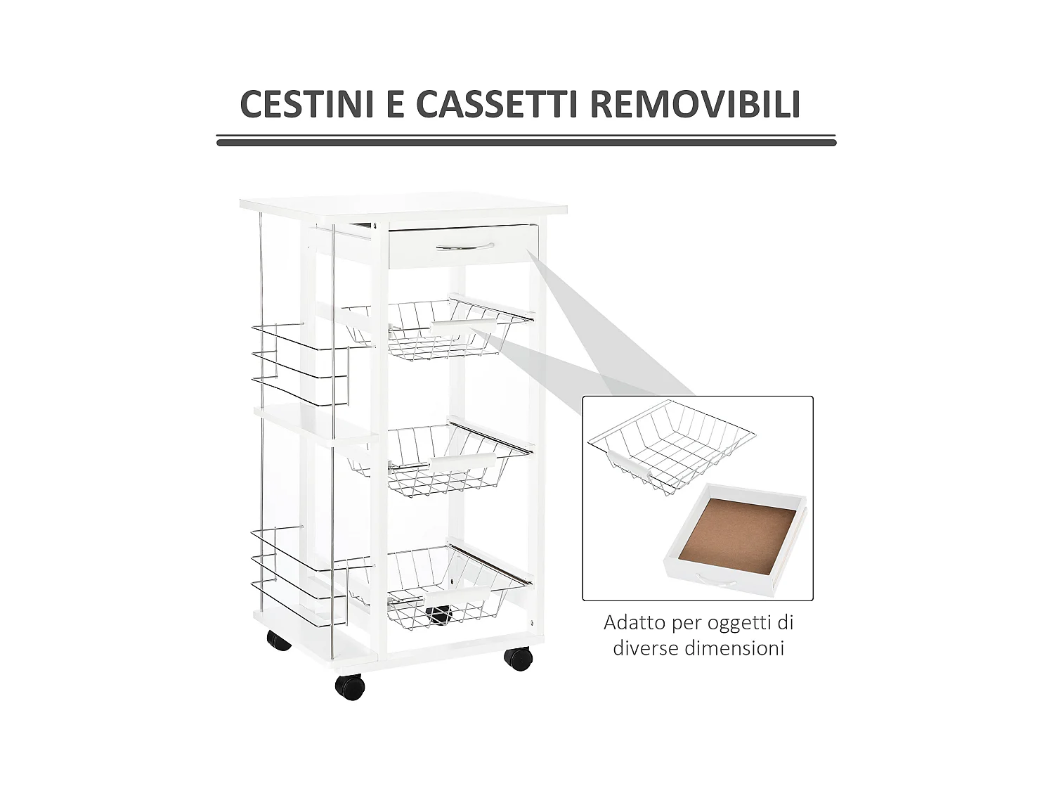 Carrello isola da cucina salvaspazio in legno di pino bianco