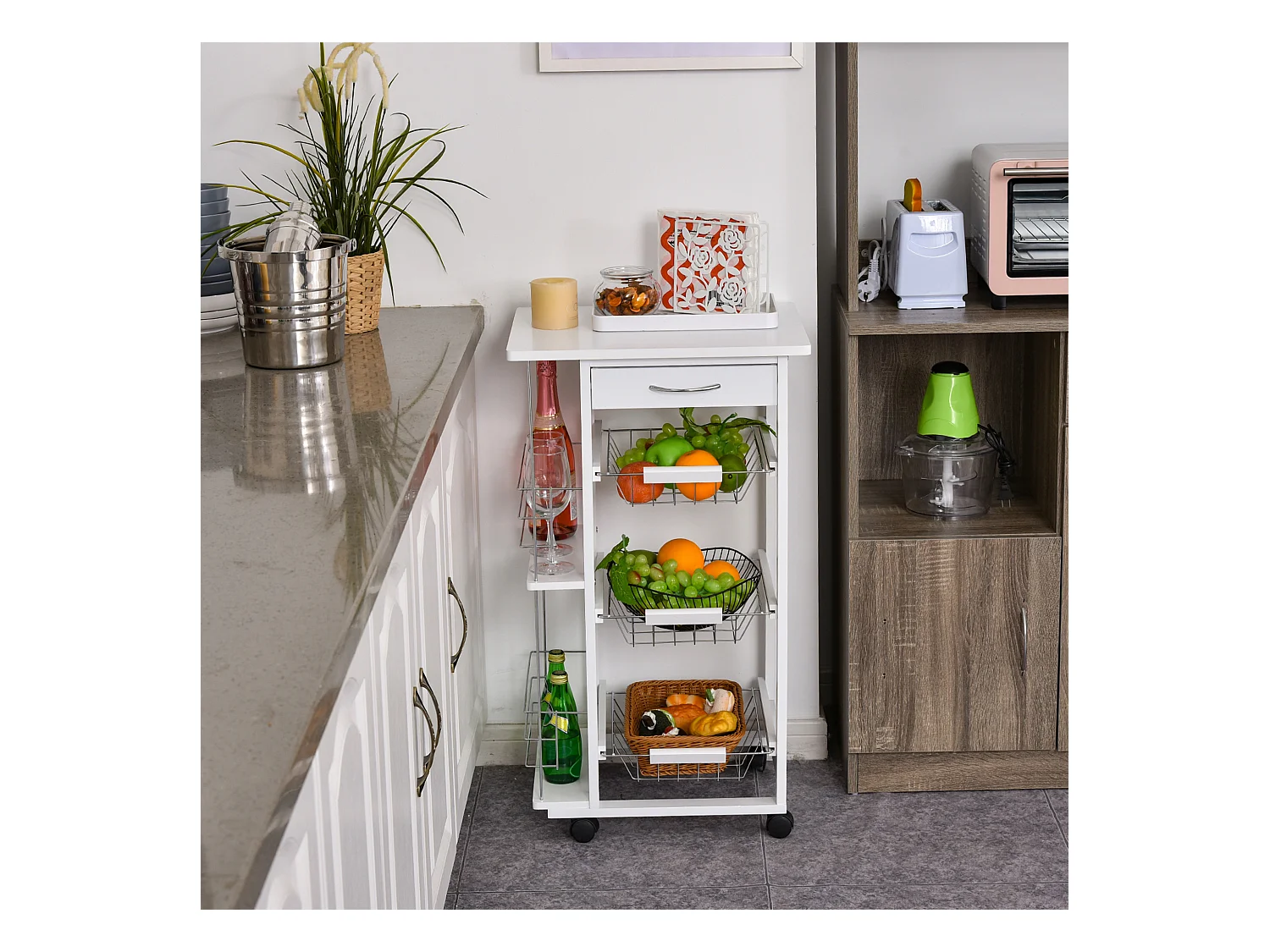 Carrello isola da cucina salvaspazio in legno di pino bianco