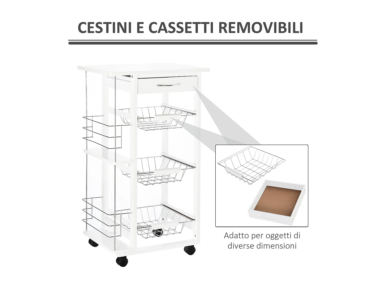 Carrello isola da cucina salvaspazio in legno di pino bianco