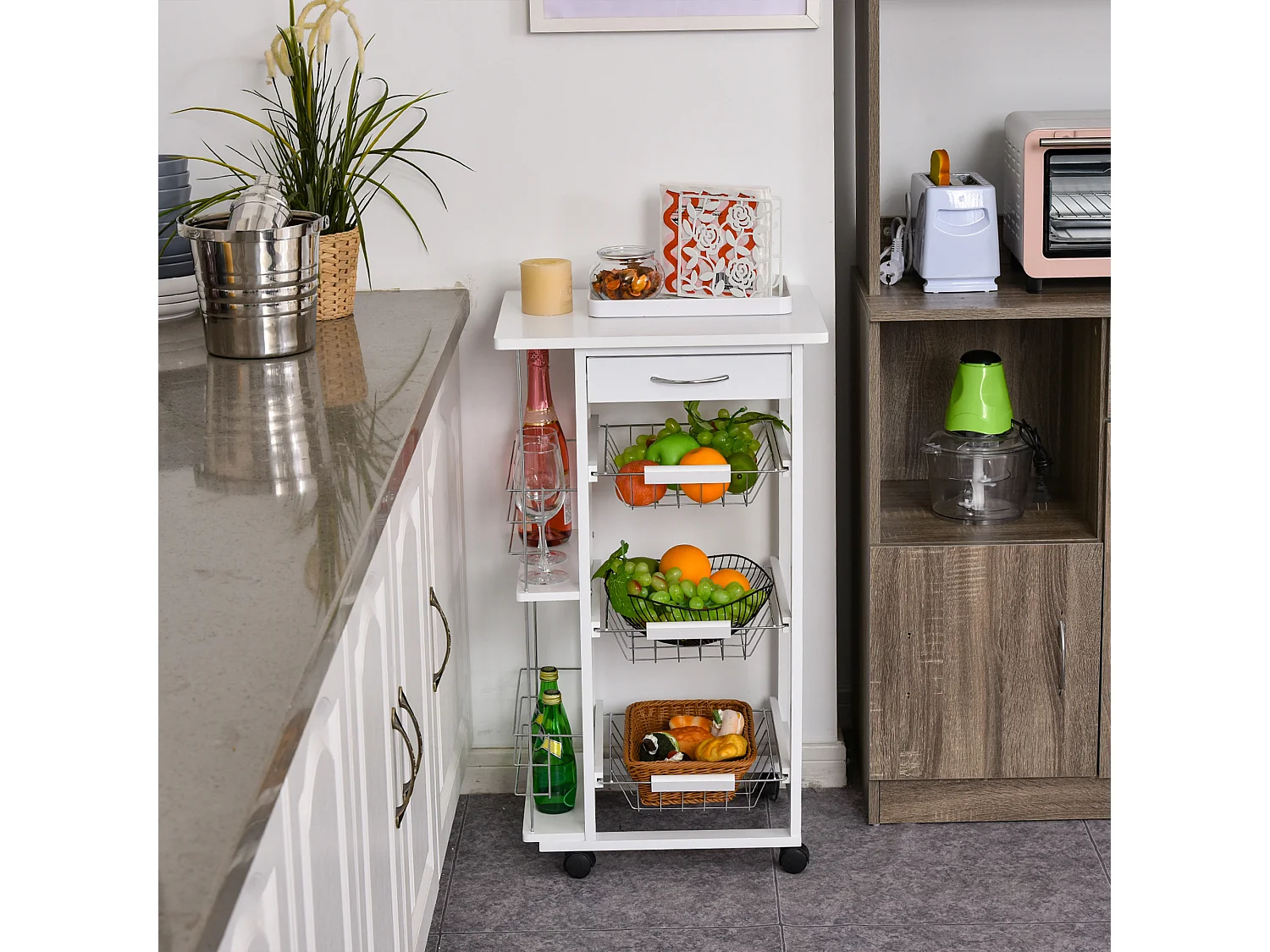 Carrello isola da cucina salvaspazio in legno di pino bianco