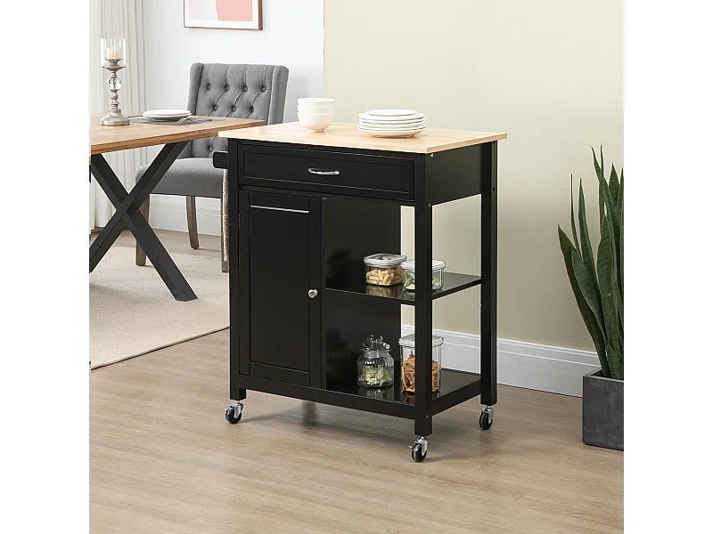 Carrello da cucina in legno con cassetto armadietto ruote nero