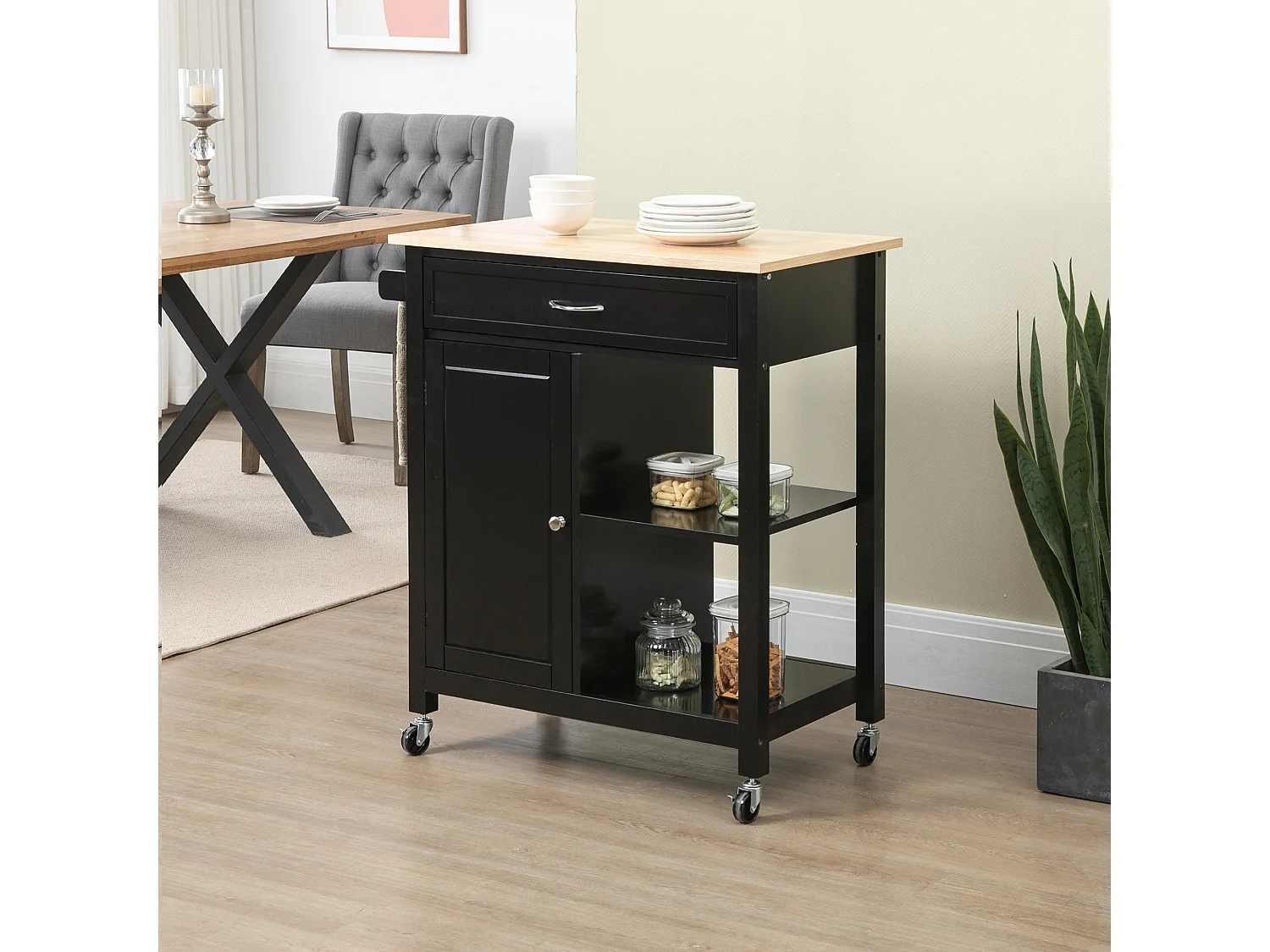 Carrello da cucina in legno con cassetto armadietto ruote nero