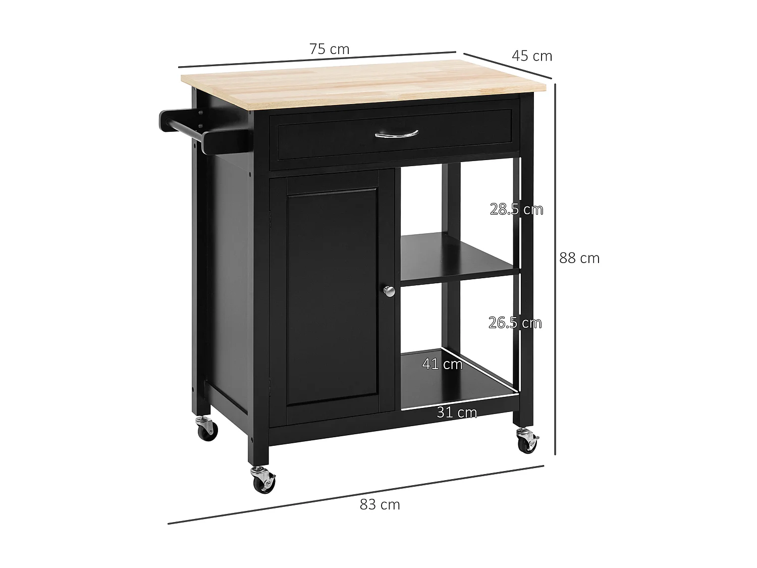 Carrello da cucina in legno con cassetto armadietto ruote nero