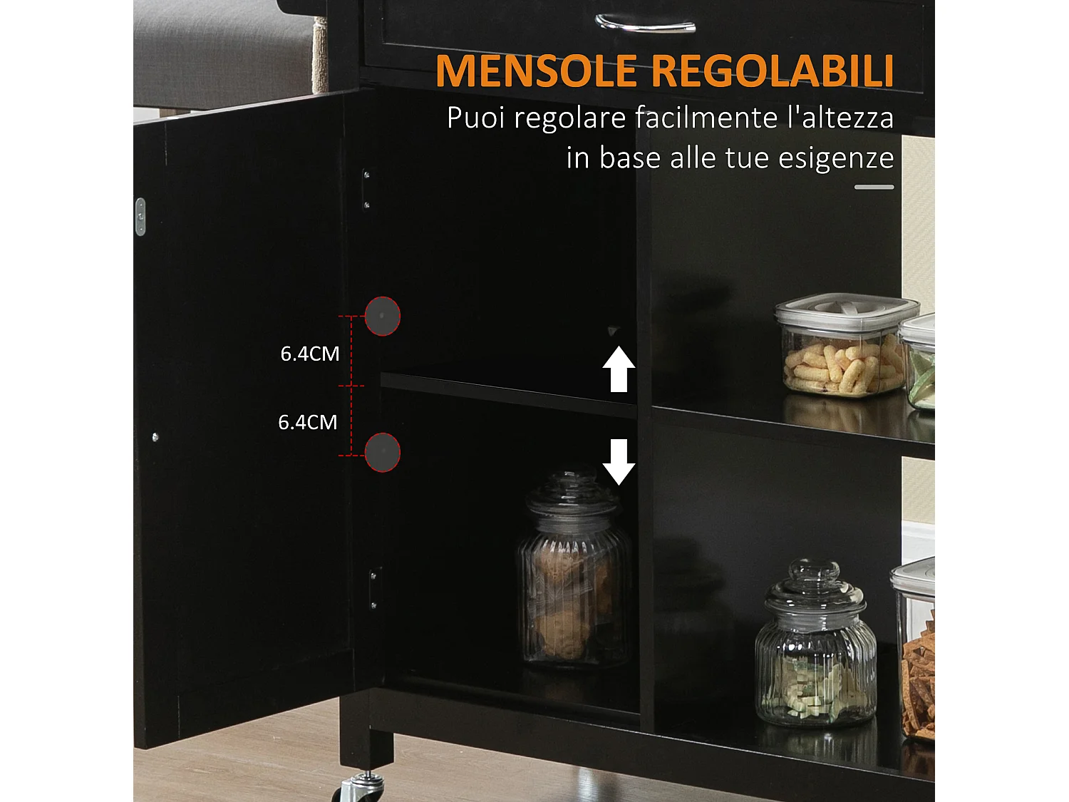 Carrello da cucina in legno con cassetto armadietto ruote nero