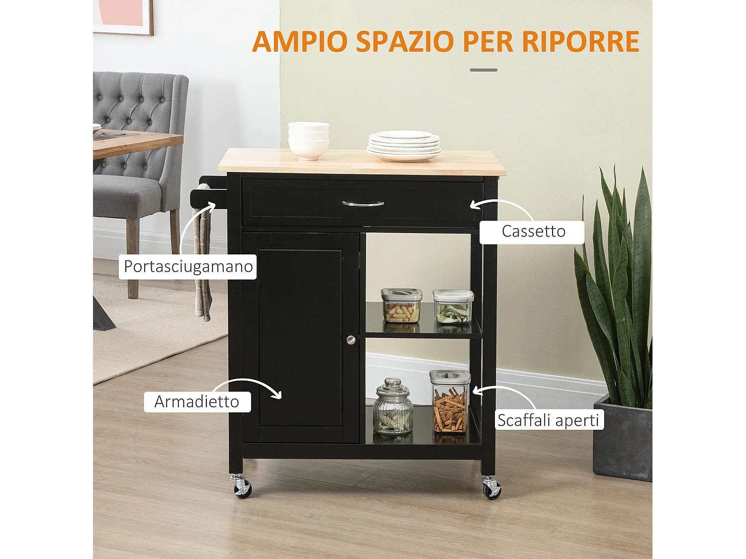 Carrello da cucina in legno con cassetto armadietto ruote nero