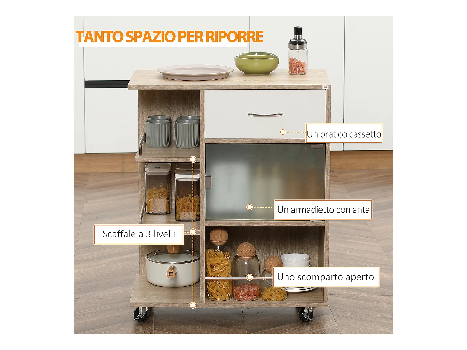 Carrello da cucina con cassetto armadietto e ripiani in legno