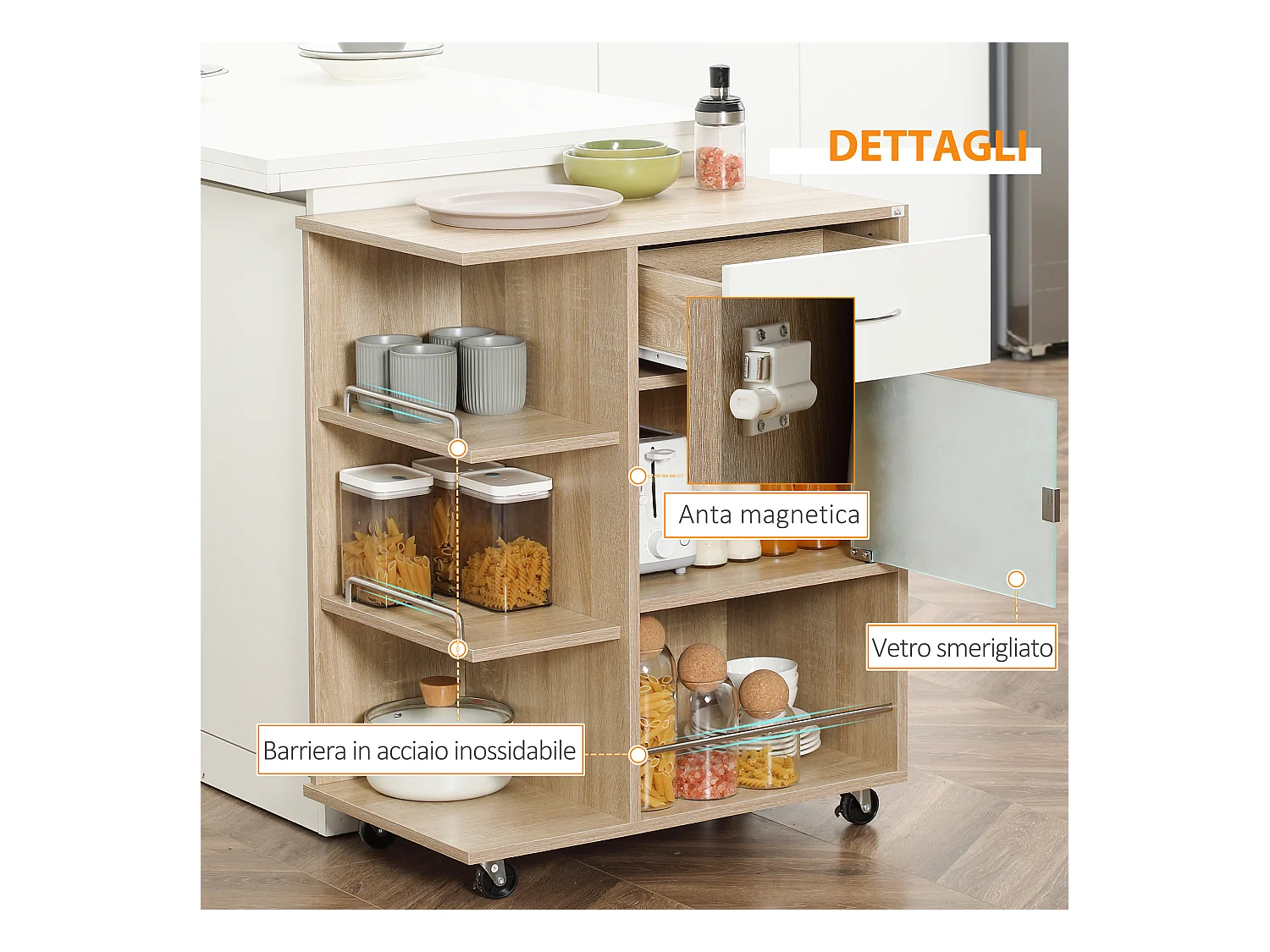 Carrello da cucina con cassetto armadietto e ripiani in legno