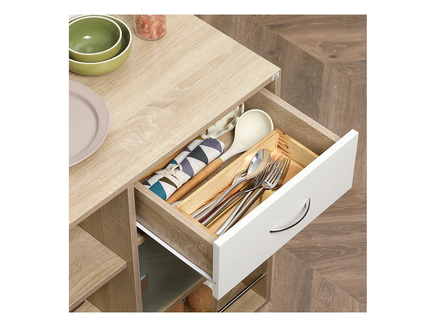 Carrello da cucina con cassetto armadietto e ripiani in legno